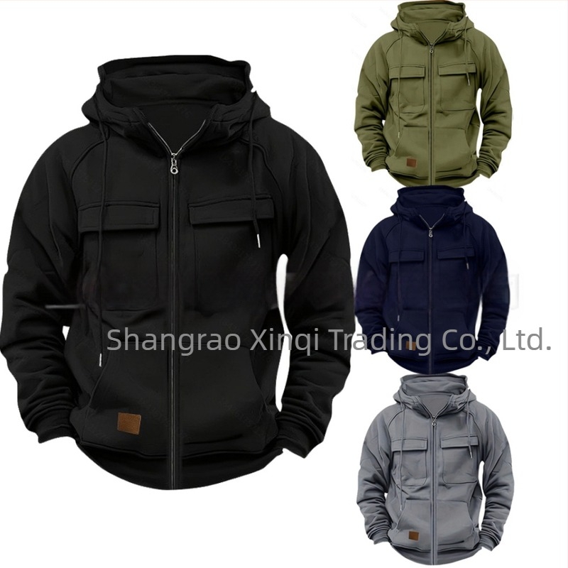 Hanorac cu fermoar și buzunare multiple, din poliester 250 g, căptușeală fleece, croială lejeră, guler cu rever deschis, toamnă/iarnă 2025