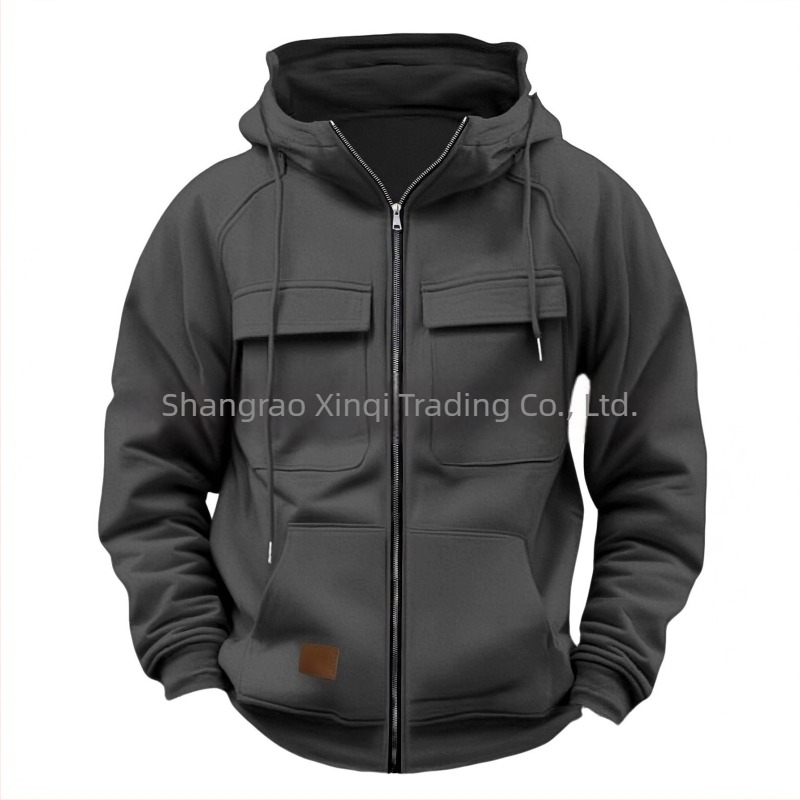 Hanorac cu fermoar și buzunare multiple, din poliester 250 g, căptușeală fleece, croială lejeră, guler cu rever deschis, toamnă/iarnă 2025