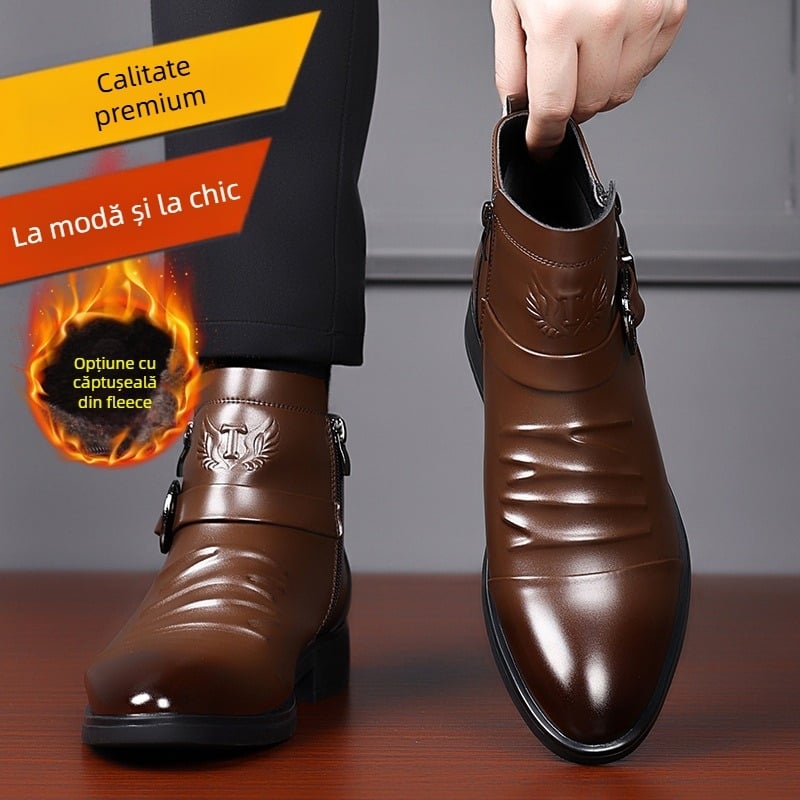 Ghete Chelsea din piele pentru bărbați, înălțime medie a gambelor, vârf rotund, impermeabile, talpă din cauciuc