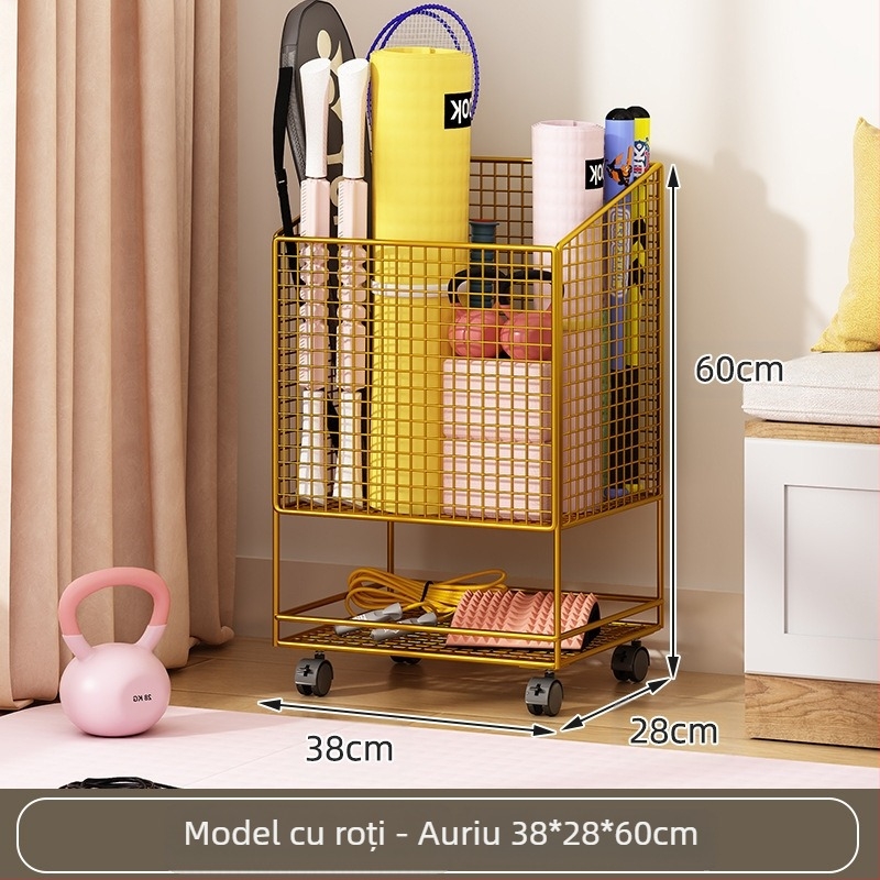 Coș de depozitare pentru covorul de yoga cu roți, metal, design dublu etaj, capacitate mare pentru echipament de fitness