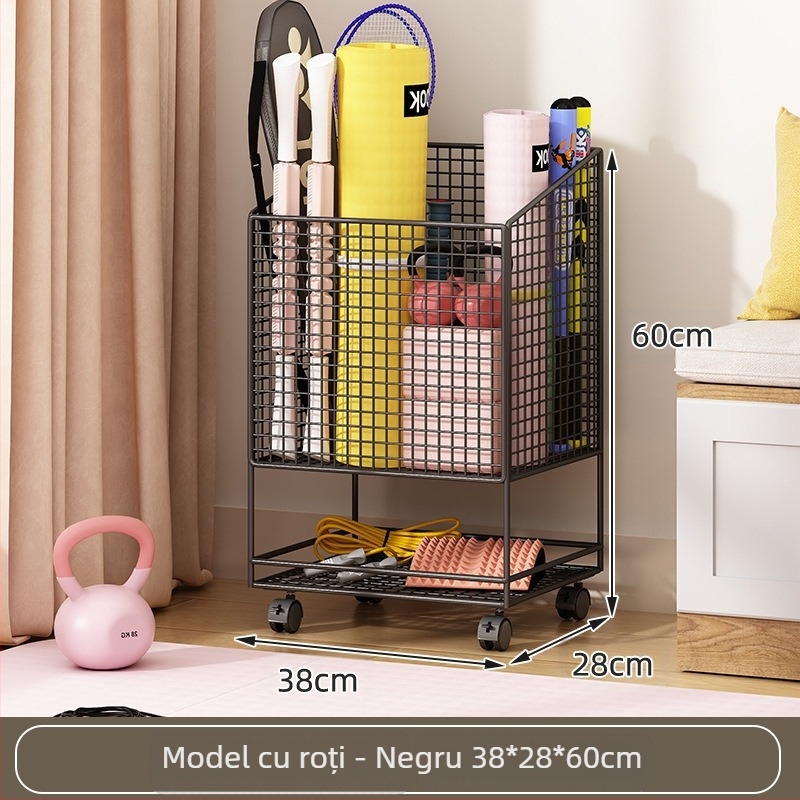 Coș de depozitare pentru covorul de yoga cu roți, metal, design dublu etaj, capacitate mare pentru echipament de fitness
