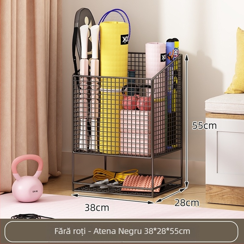 Coș de depozitare pentru covorul de yoga cu roți, metal, design dublu etaj, capacitate mare pentru echipament de fitness