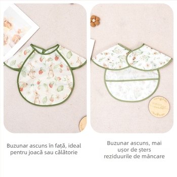 Bibs impermeabil pentru copii cu buzunar și imprimeu desen animat, material poliester, pentru 1–3 ani