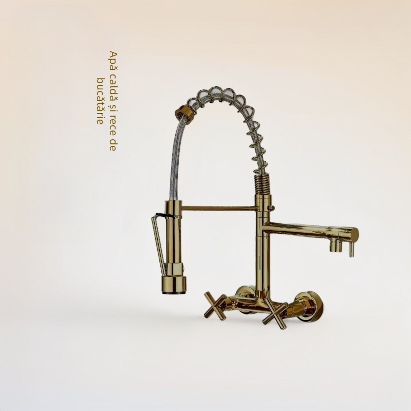 Robinet de bucătărie încastrat în perete, cu apă caldă și rece, corp din aliaj de cupru, disc ceramic al valvei, design cu două găuri