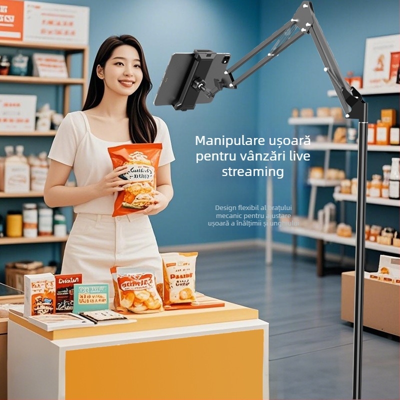 Suport de podea pentru telefoane și tablete, cu braț telescopic, din aliaj, pentru streaming la marginea patului