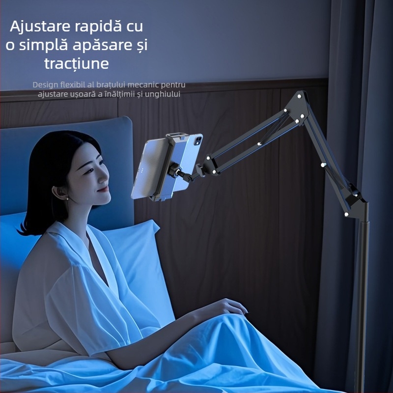 Suport de podea pentru telefoane și tablete, cu braț telescopic, din aliaj, pentru streaming la marginea patului