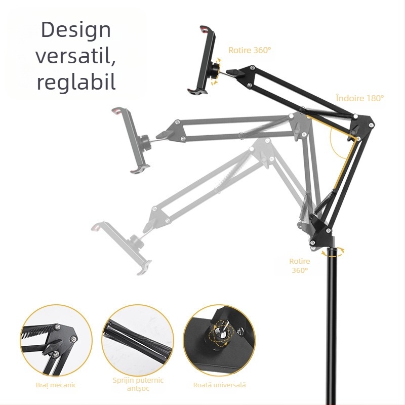 Suport de podea pentru telefoane și tablete, cu braț telescopic, din aliaj, pentru streaming la marginea patului