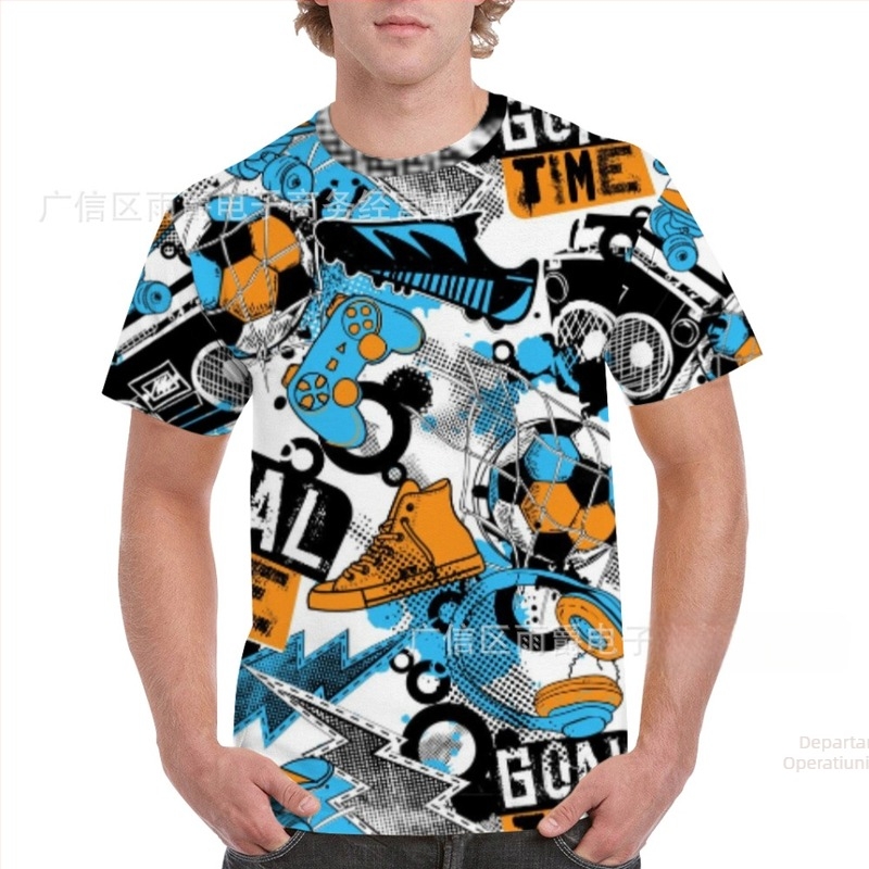 Tricou bărbați cu mânecă scurtă Raglan, croială lejeră, guler rotund, imprimeu 3D graffiti, material poliester cu efect milk-silk