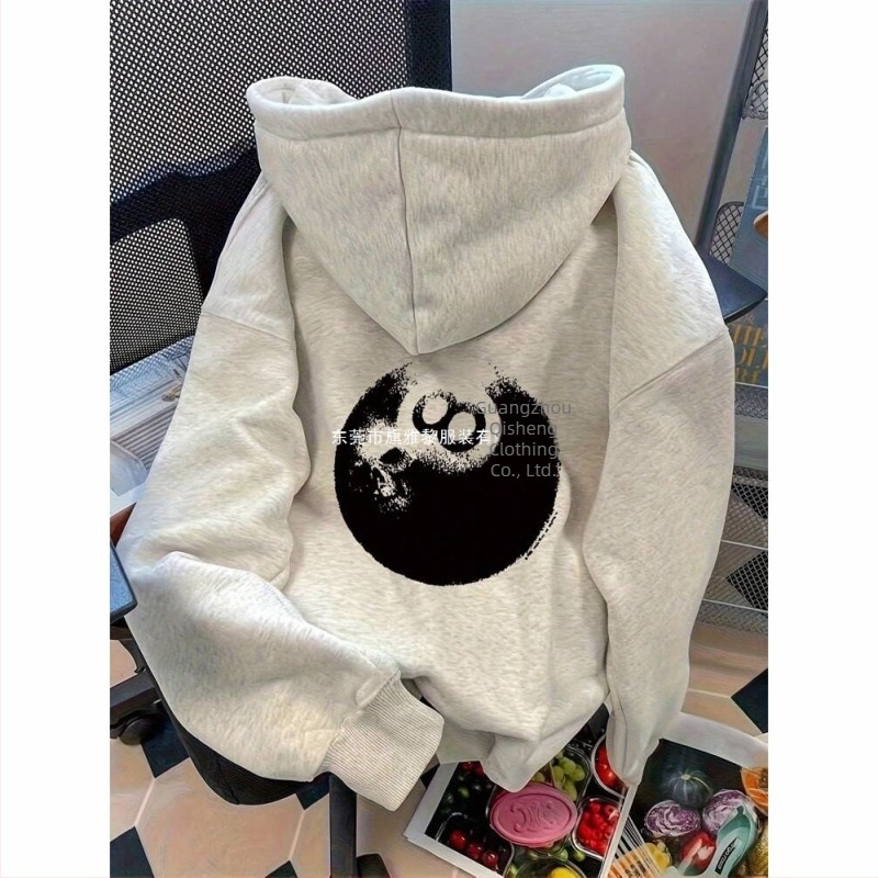 Pulover cu glugă, stil coreean, imprimeu biliard, 96% bumbac, 350–400 g, toamnă