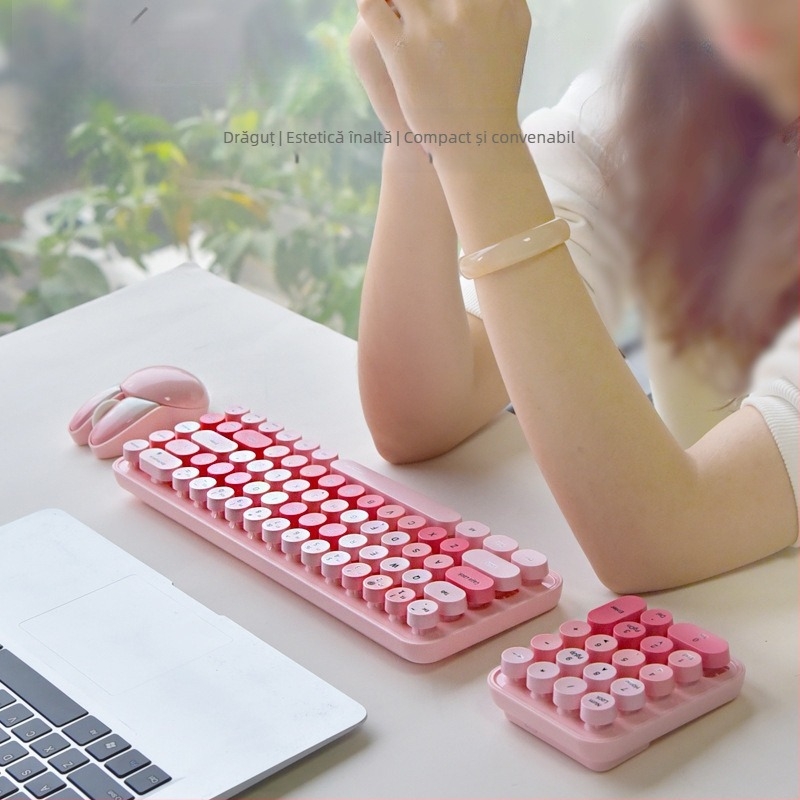 Set wireless tastatură și mouse cu temă iepuraș, tastatură USB și mouse USB, senzor optic 2000 DPI, design ergonomic