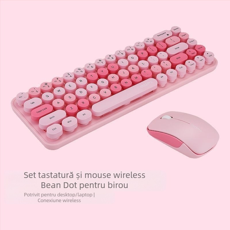 Set wireless tastatură și mouse cu temă iepuraș, tastatură USB și mouse USB, senzor optic 2000 DPI, design ergonomic