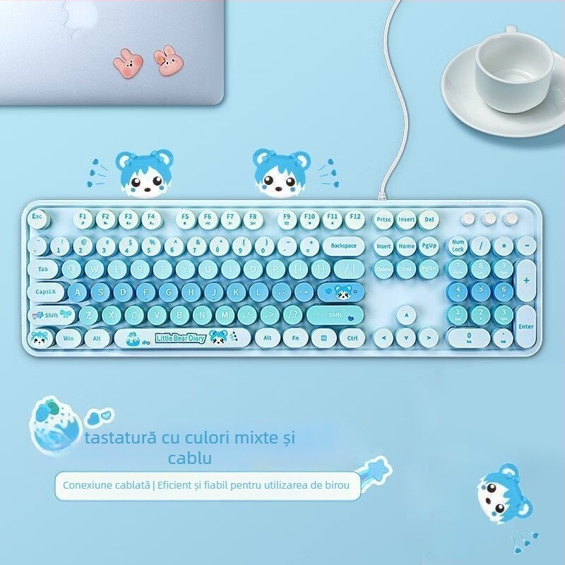 Set wireless tastatură și mouse cu temă iepuraș, tastatură USB și mouse USB, senzor optic 2000 DPI, design ergonomic