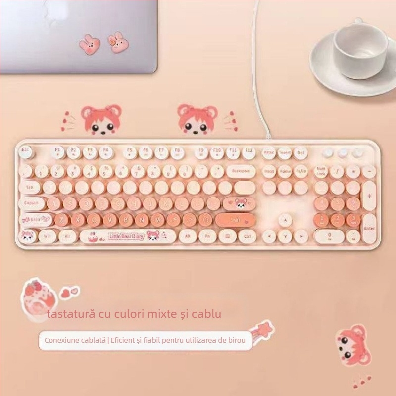 Set wireless tastatură și mouse cu temă iepuraș, tastatură USB și mouse USB, senzor optic 2000 DPI, design ergonomic