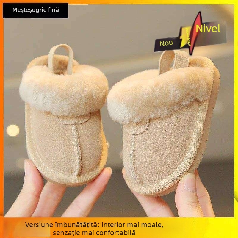 Papuci pentru copii cu căptușeală fleece, slip-on, calzi, anti-derapare, partea superioară din piele sintetică (12–36 luni)