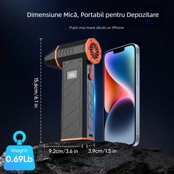 Ventilator electric portabil tip turbo, cu motor fără perii, 6 palete, baterie Li-Po 6000mAh, 4 trepte de viteză, eliminare praf