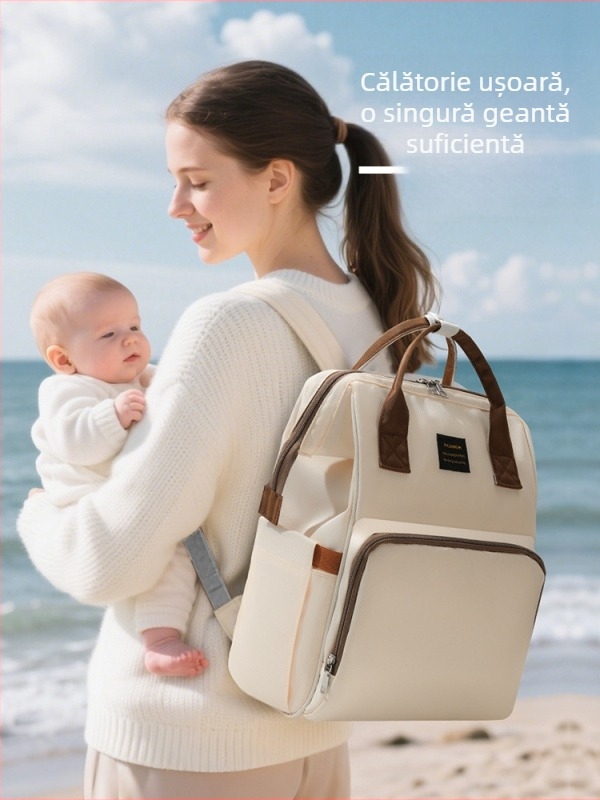 Rucsac pentru scutece din nylon, capacitate mare, stil urban minimalist, impermeabil și izolat, bretele duble