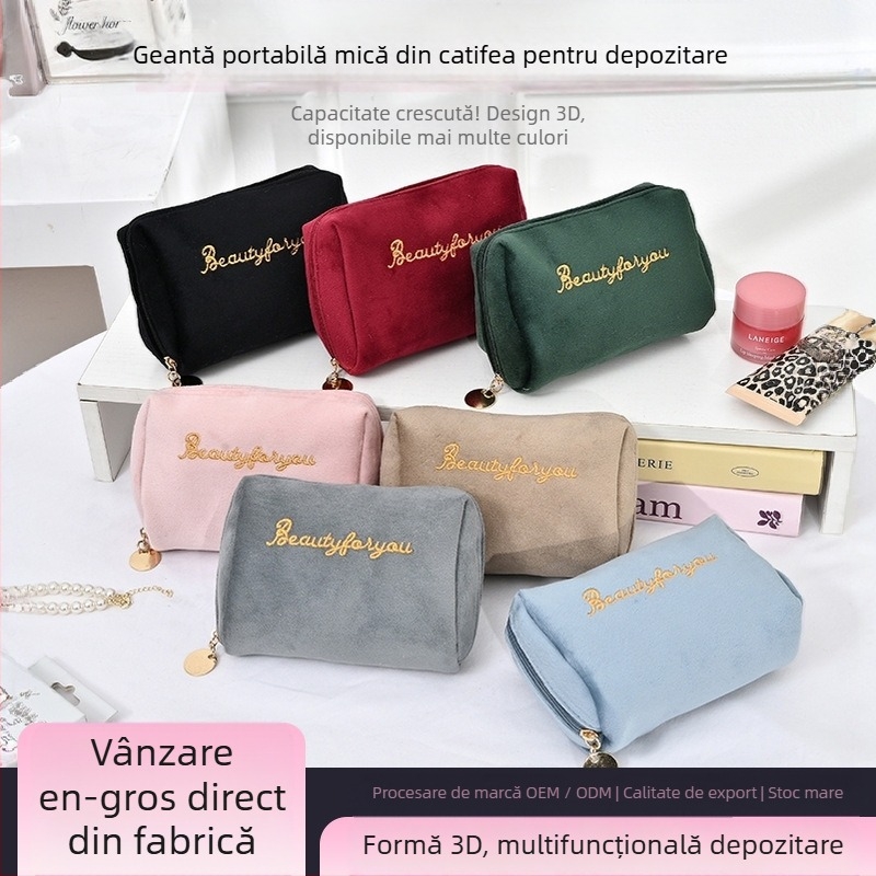 Geantă cosmetică mini portabilă pentru retușarea rujului, cu spațiu pentru chei și telefon, exterior catifelat, interior din bumbac, primăvara 2025