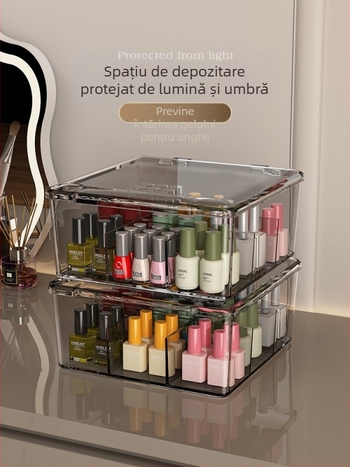 Cutie de depozitare pentru lacuri de unghii, PET, de birou, capacitate 18 L, cu capac anti-praf, ușor de mutat și stivuită, cu compartimente multiple