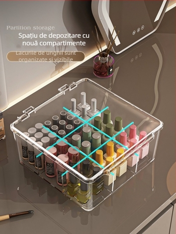 Cutie de depozitare pentru lacuri de unghii, PET, de birou, capacitate 18 L, cu capac anti-praf, ușor de mutat și stivuită, cu compartimente multiple