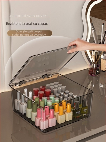 Cutie de depozitare pentru lacuri de unghii, PET, de birou, capacitate 18 L, cu capac anti-praf, ușor de mutat și stivuită, cu compartimente multiple