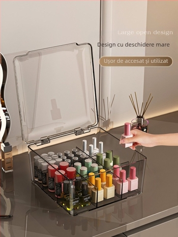 Cutie de depozitare pentru lacuri de unghii, PET, de birou, capacitate 18 L, cu capac anti-praf, ușor de mutat și stivuită, cu compartimente multiple