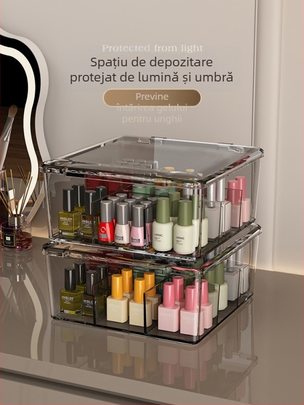Cutie de depozitare pentru lacuri de unghii, PET, de birou, capacitate 18 L, cu capac anti-praf, ușor de mutat și stivuită, cu compartimente multiple