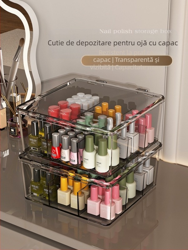 Cutie de depozitare pentru lacuri de unghii, PET, de birou, capacitate 18 L, cu capac anti-praf, ușor de mutat și stivuită, cu compartimente multiple