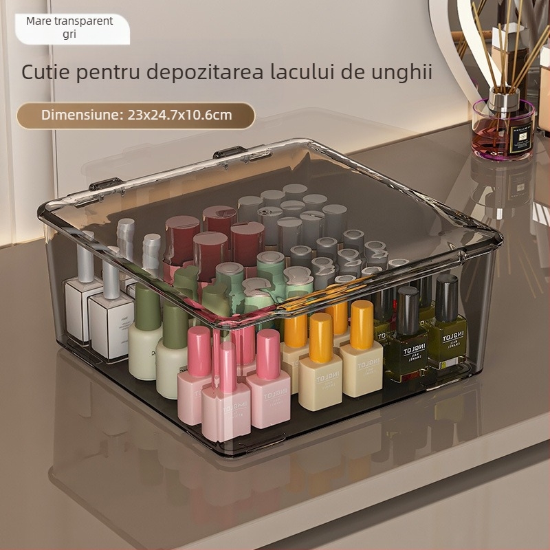 Cutie de depozitare pentru lacuri de unghii, PET, de birou, capacitate 18 L, cu capac anti-praf, ușor de mutat și stivuită, cu compartimente multiple