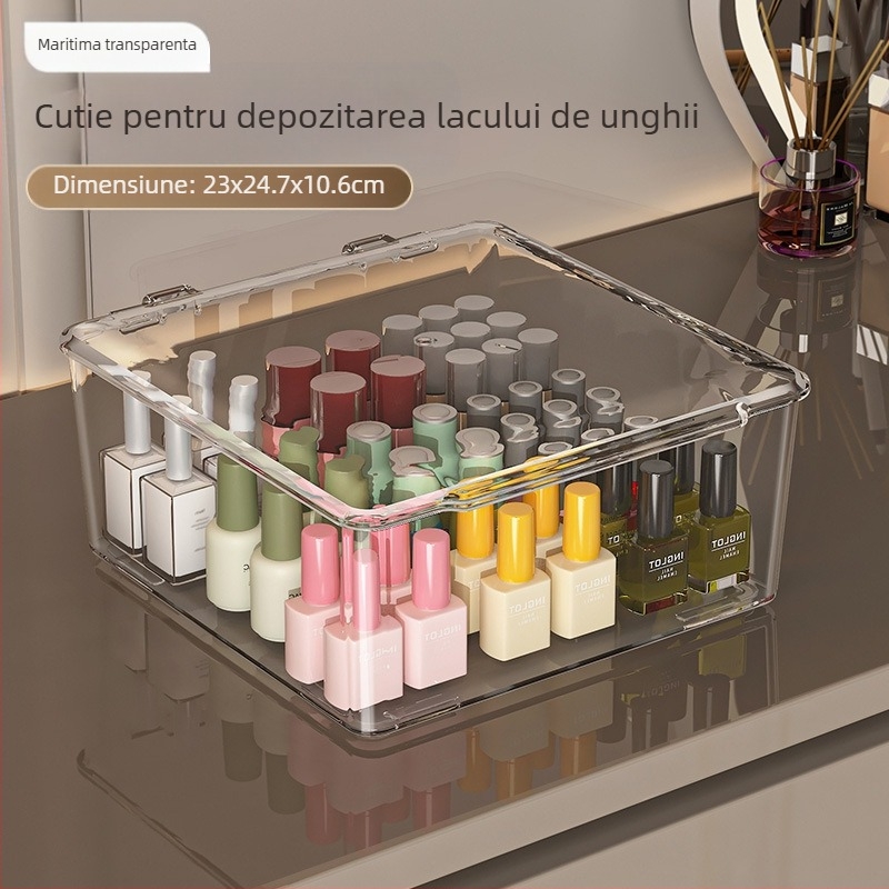Cutie de depozitare pentru lacuri de unghii, PET, de birou, capacitate 18 L, cu capac anti-praf, ușor de mutat și stivuită, cu compartimente multiple