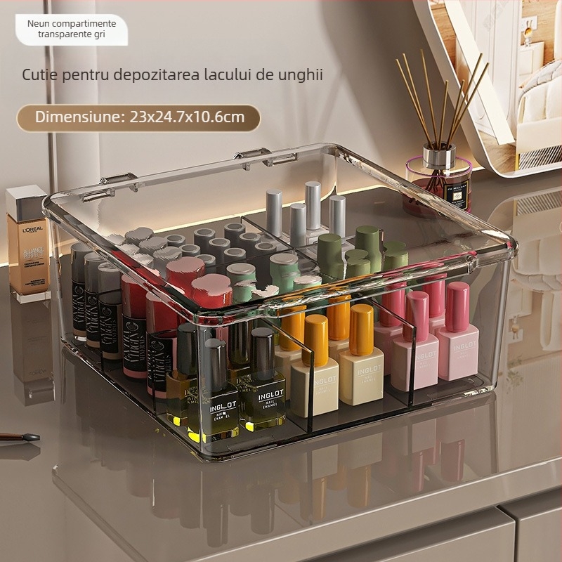 Cutie de depozitare pentru lacuri de unghii, PET, de birou, capacitate 18 L, cu capac anti-praf, ușor de mutat și stivuită, cu compartimente multiple