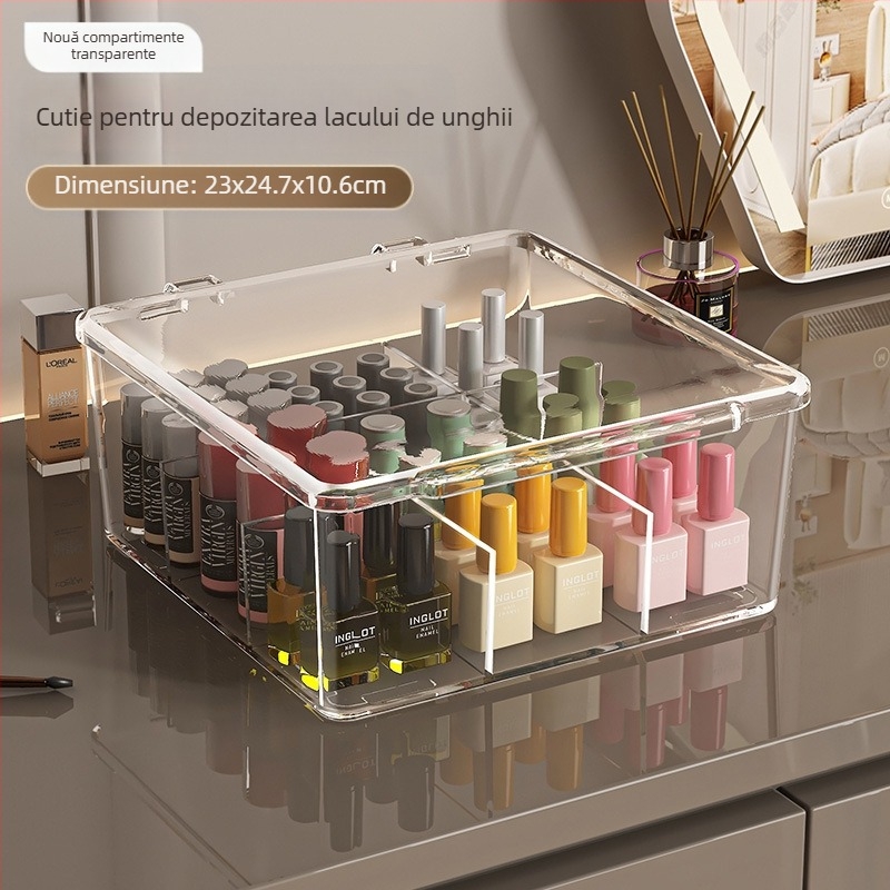 Cutie de depozitare pentru lacuri de unghii, PET, de birou, capacitate 18 L, cu capac anti-praf, ușor de mutat și stivuită, cu compartimente multiple