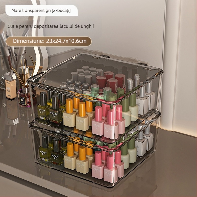 Cutie de depozitare pentru lacuri de unghii, PET, de birou, capacitate 18 L, cu capac anti-praf, ușor de mutat și stivuită, cu compartimente multiple