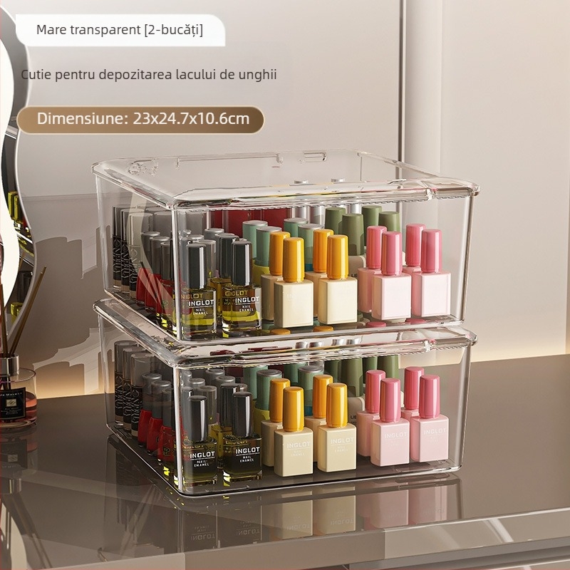 Cutie de depozitare pentru lacuri de unghii, PET, de birou, capacitate 18 L, cu capac anti-praf, ușor de mutat și stivuită, cu compartimente multiple