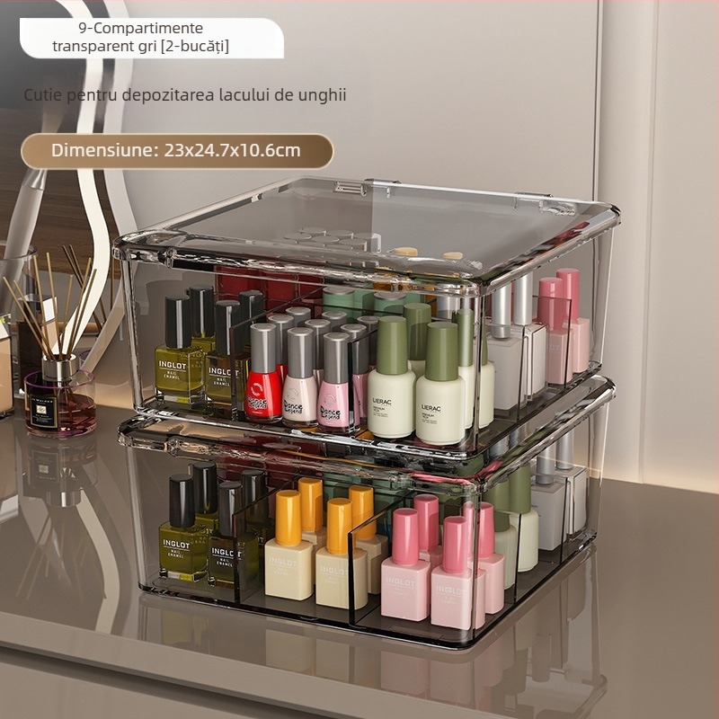 Cutie de depozitare pentru lacuri de unghii, PET, de birou, capacitate 18 L, cu capac anti-praf, ușor de mutat și stivuită, cu compartimente multiple