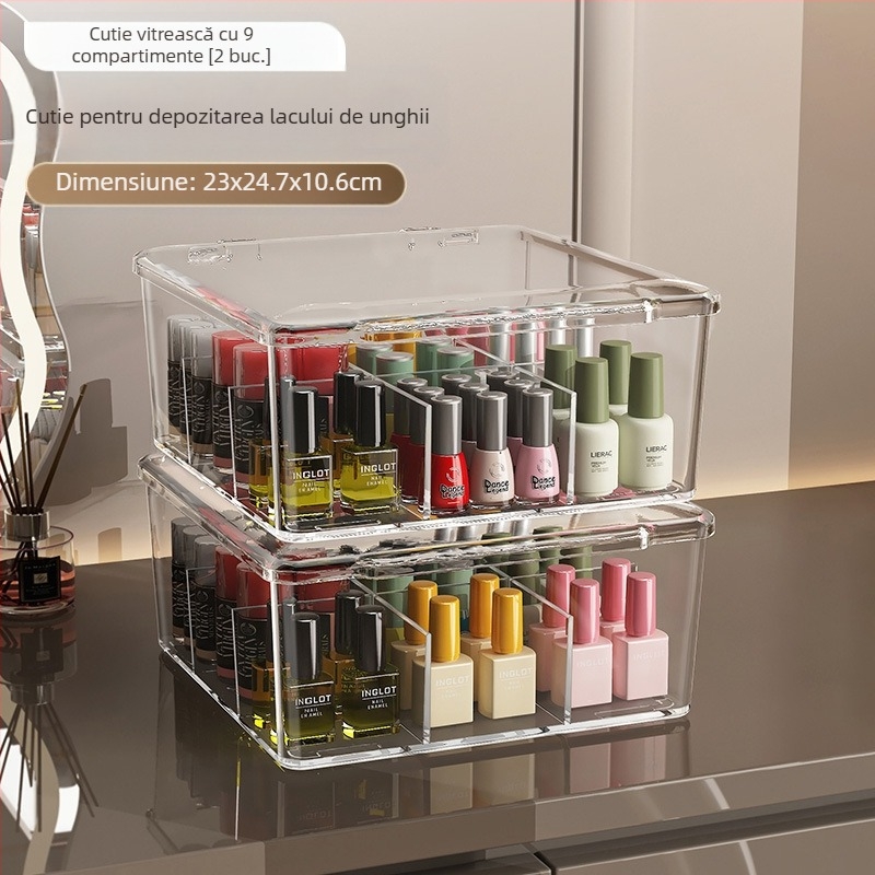Cutie de depozitare pentru lacuri de unghii, PET, de birou, capacitate 18 L, cu capac anti-praf, ușor de mutat și stivuită, cu compartimente multiple