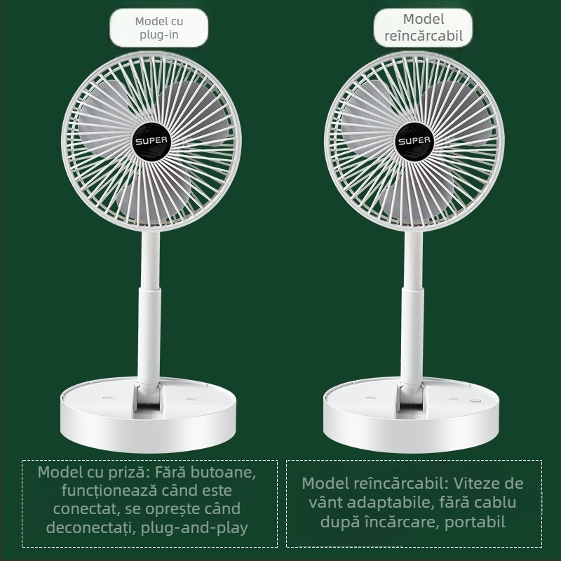 Ventilator USB pliabil pentru birou, 3 palete, motor fără perii, baterie încorporată reîncărcabilă, funcționare silențioasă