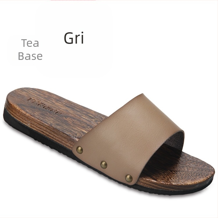 Sandale slide pentru bărbați, cu partea superioară din piele microfibră, talpă din lemn, spate deschis