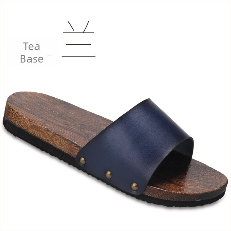 Sandale slide pentru bărbați, cu partea superioară din piele microfibră, talpă din lemn, spate deschis