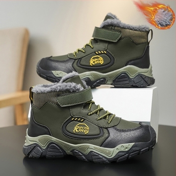 Încălțăminte sport pentru copii, iarnă, cu căptuire fleece, groasă, închidere Velcro, partea superioară din piele sintetică, model cu litere, talpă TPR