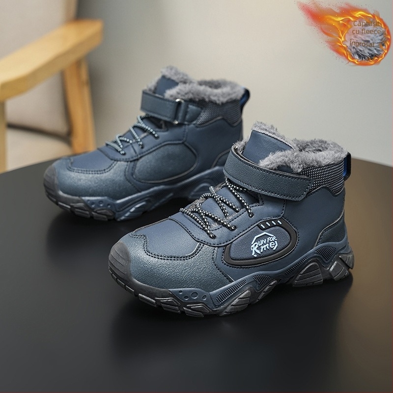 Încălțăminte sport pentru copii, iarnă, cu căptuire fleece, groasă, închidere Velcro, partea superioară din piele sintetică, model cu litere, talpă TPR