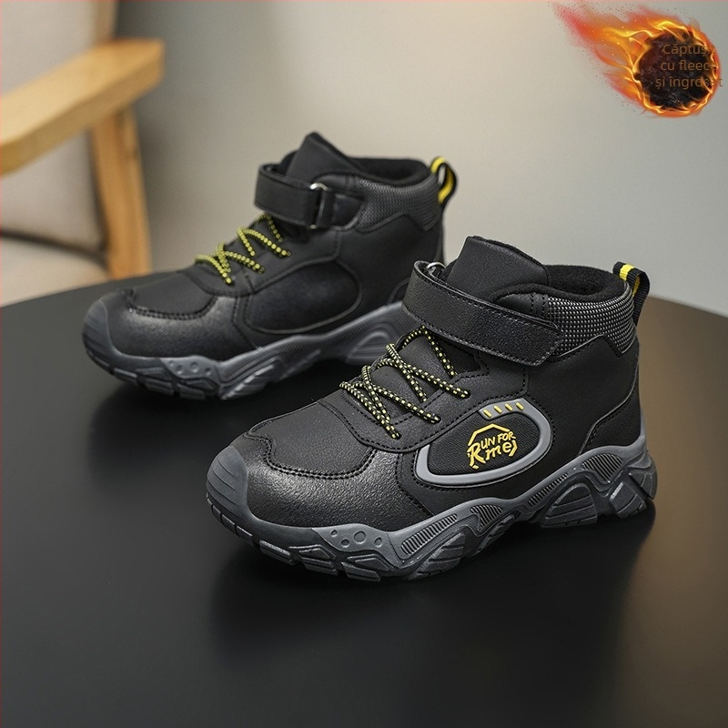 Încălțăminte sport pentru copii, iarnă, cu căptuire fleece, groasă, închidere Velcro, partea superioară din piele sintetică, model cu litere, talpă TPR