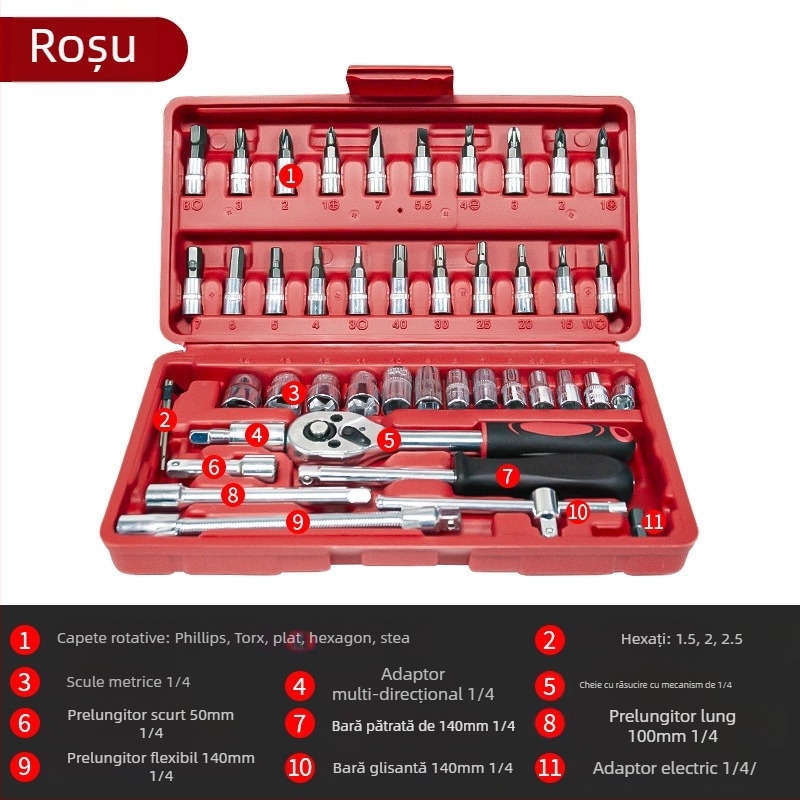 Kit de unelte pentru reparații auto L1639 – Oțel carbon, 108 piese într-o cutie de unelte