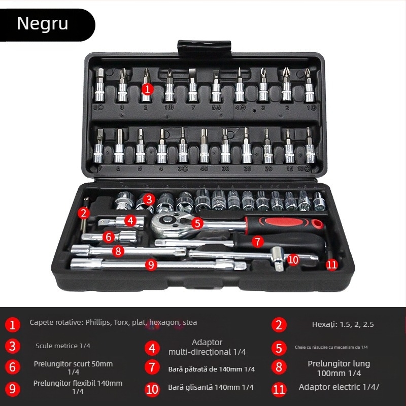 Kit de unelte pentru reparații auto L1639 – Oțel carbon, 108 piese într-o cutie de unelte