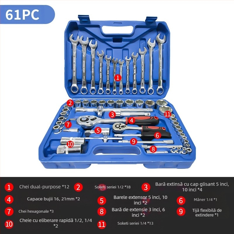 Kit de unelte pentru reparații auto L1639 – Oțel carbon, 108 piese într-o cutie de unelte