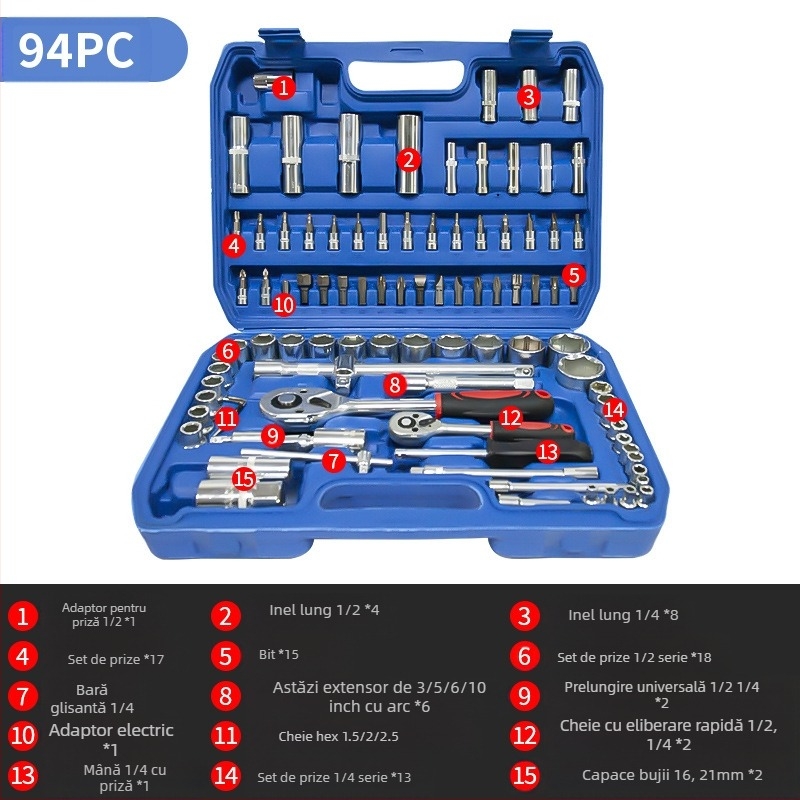 Kit de unelte pentru reparații auto L1639 – Oțel carbon, 108 piese într-o cutie de unelte