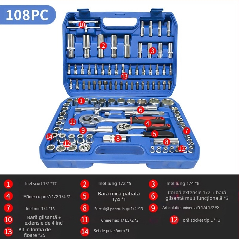 Kit de unelte pentru reparații auto L1639 – Oțel carbon, 108 piese într-o cutie de unelte