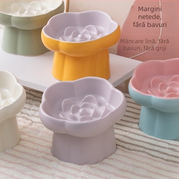 Vas ceramic pentru animale de companie, cu alimentare lentă, bază înaltă, pentru pisici, anti-vărsare, anti-sufocare, gură înclinată
