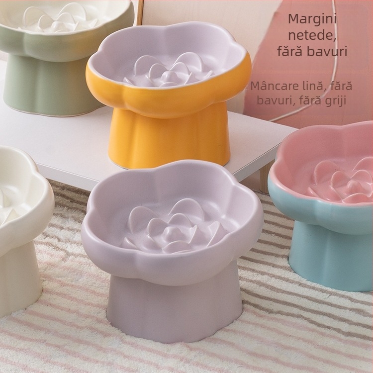 Vas ceramic pentru animale de companie, cu alimentare lentă, bază înaltă, pentru pisici, anti-vărsare, anti-sufocare, gură înclinată