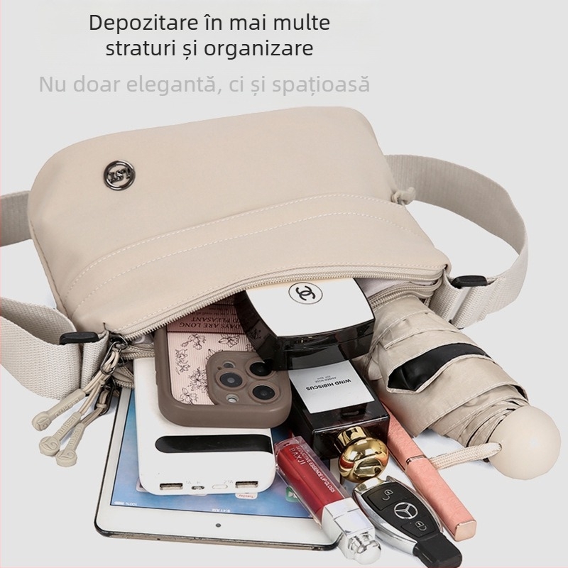 Geantă crossbody din nylon, stil urban minimalist, formă pătrată mică, închidere cu fermoar, căptușeală poliester, buzunare interioare cu fermoar
