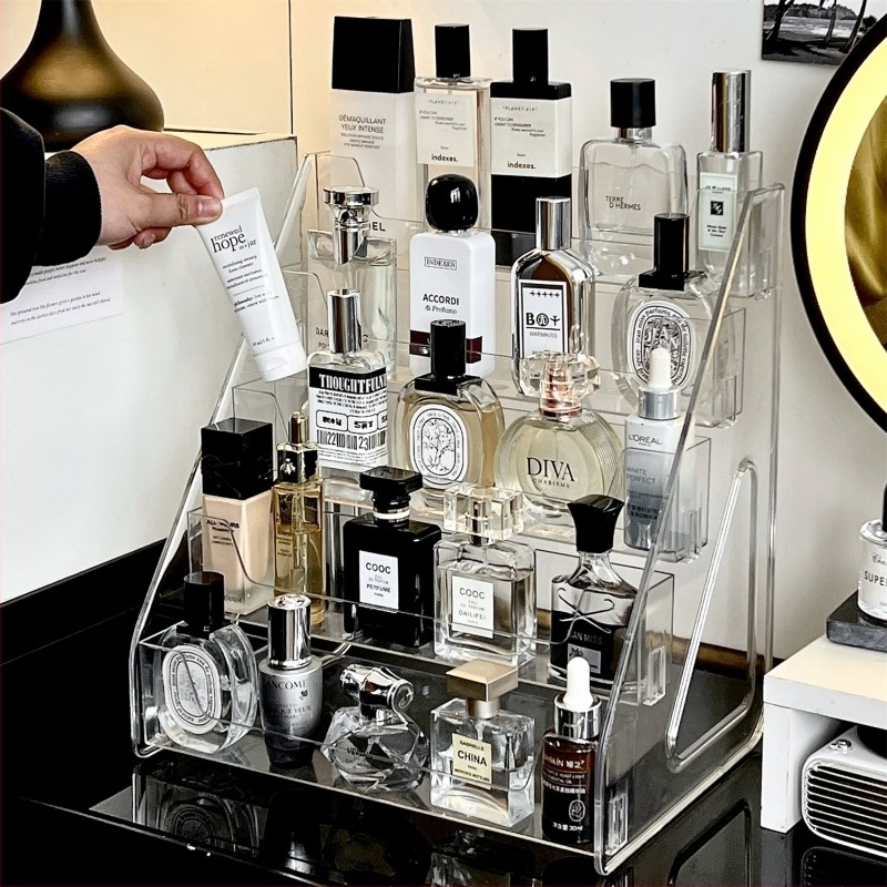 Suport de birou în stil cascadă pentru parfumuri și produse cosmetice, transparent, capacitate mare, etajat, depozitare detașabilă